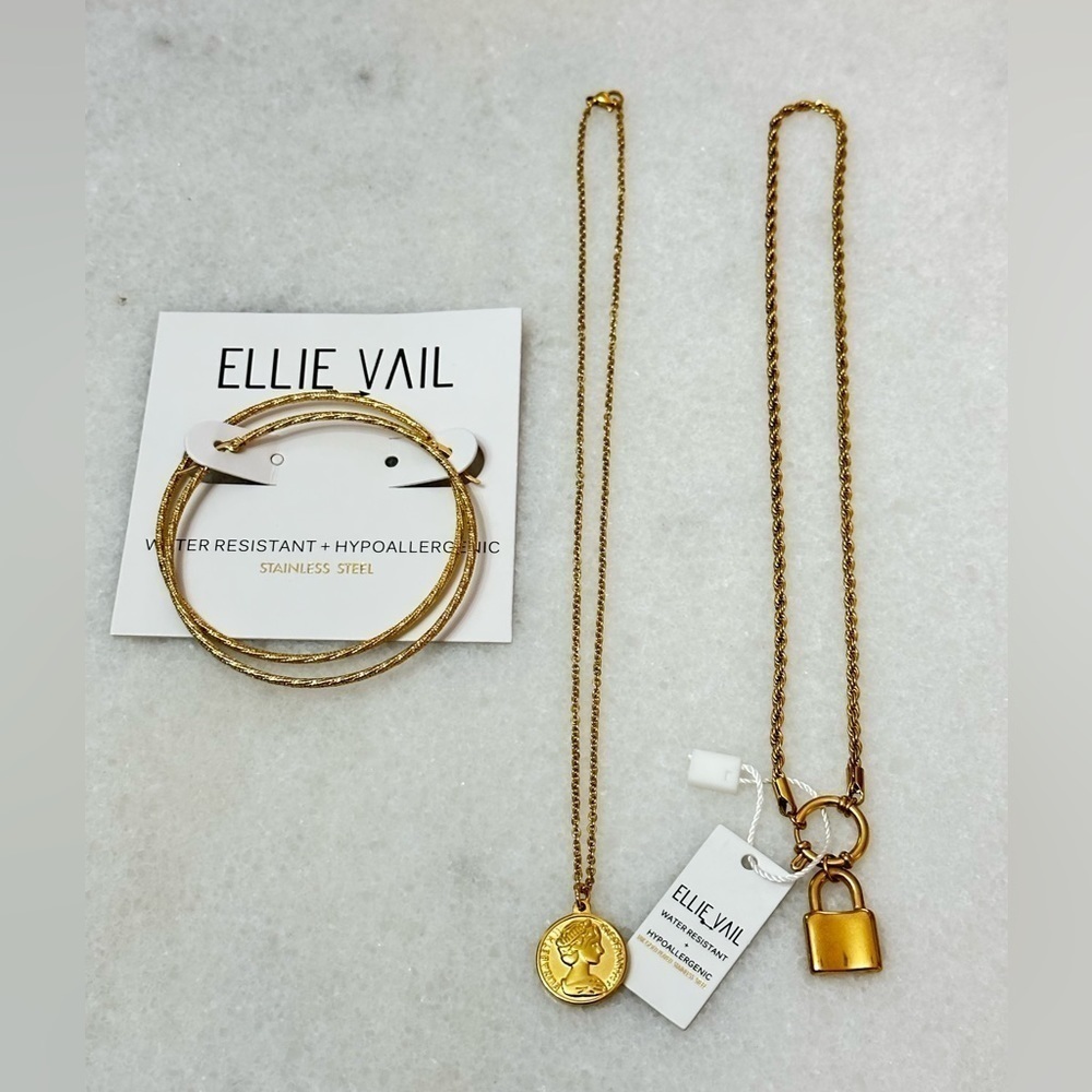 Ellie Vail jewelry-large hoops, coin necklace, lock necklace  - water resistant